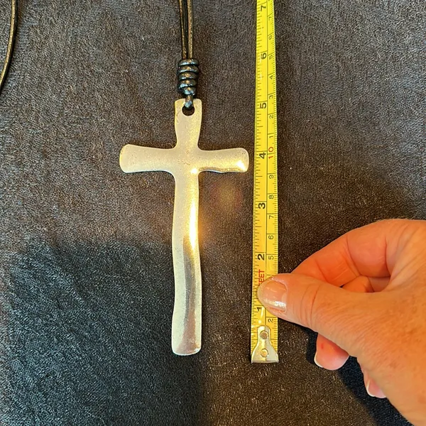 NWT Large Silver Cross Necklace on leather cord - Image 2