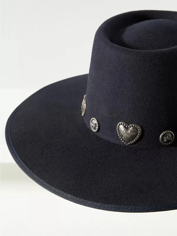 Wyeth Rochelle Boater Hat Black Wool Felt Western Heart Concho Vintage Cowgirl - Image 5