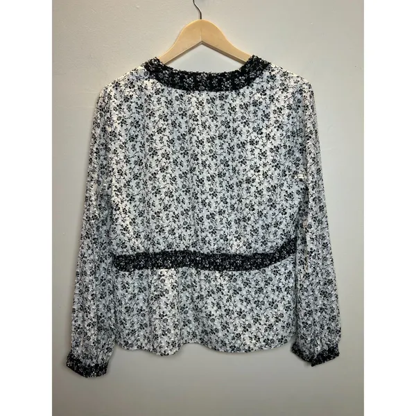 Madewell Floral Clipdot Peplum Top Womens Medium White Black V-Neck Long Sleeve - Image 4
