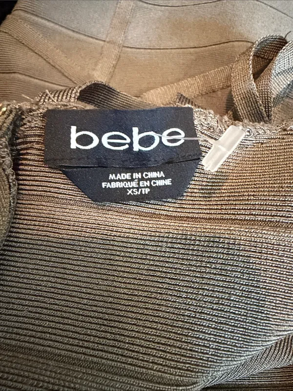 Bebe Dusty Olive Strappy Bandage Bodycon Mini Dress Mesh Cutout Sides Size XS - Image 5