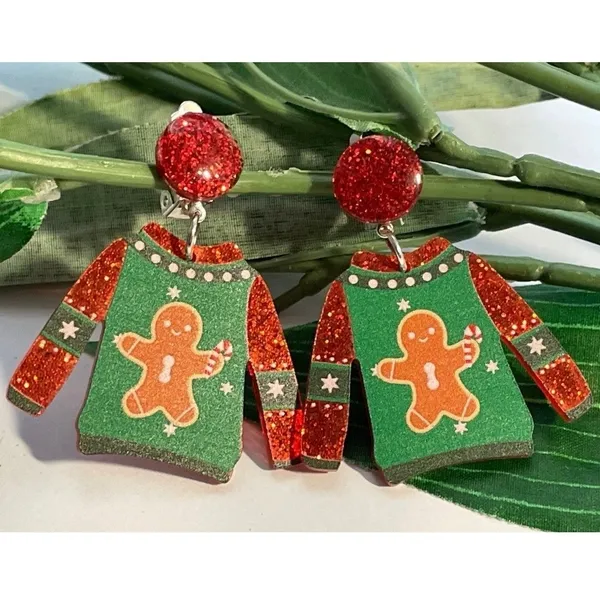 Ugly Christmas Sweater Earrings Gingerbread Man Green‎ Red Holiday Novelty - Image 6