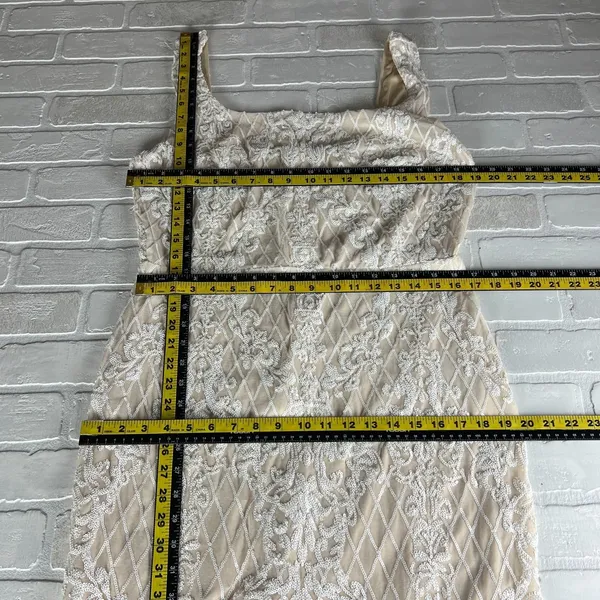 Ricarica Midi Dress‎ Sequin Mesh Womens 1X White Beige Lined Slit Sheath Fitted - Image 2