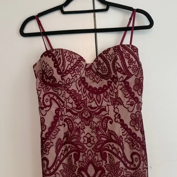 Lulus Burgundy Lace‎ Bustier Midi Dress Maroon Paisley Cocktail Dress Small - Image 2