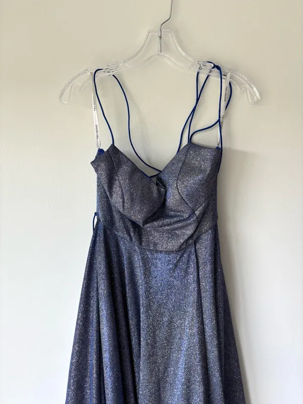 Sherri Hill Formal Royal Blue Silver Glitter Gown Criss Cross Back Prom Gala - Image 4