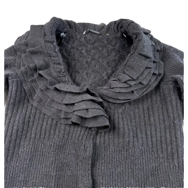 Tahari Long Cardigan Sweater Jacket 100% Merino Wool Size Small Gray Ruffle Snap - Image 9
