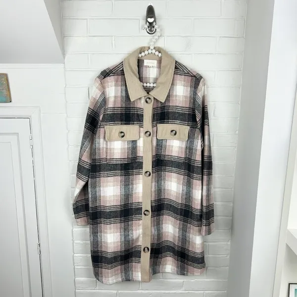 Melloday Pink Brown Plaid Long Line Button Front Shacket Size XL - Image 2