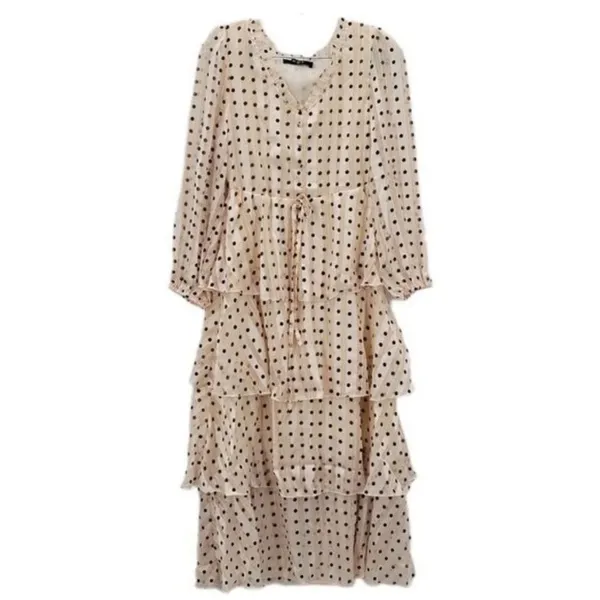 $168 NWOT O.P.T. Women's Beige V-Neck Long Sleeve Tiered Polka Dot Dress Size XS - Image 6