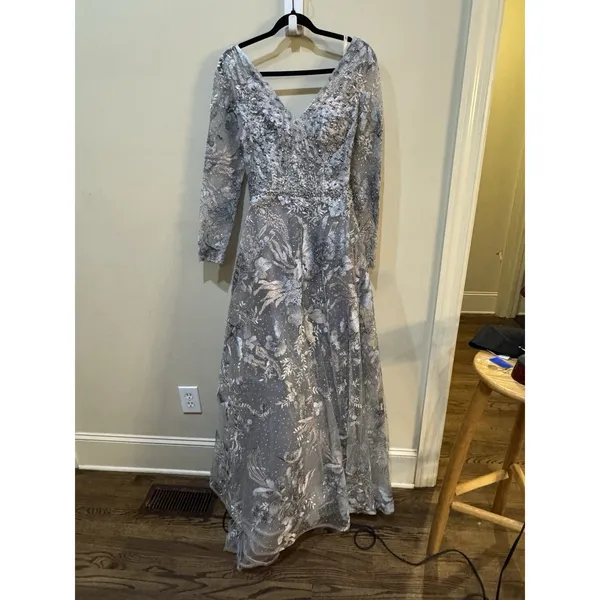 MAC DUGGAL 20214 LONG SLEEVE BEADED APPLIQUE GREY MULTI GOWN Size 6 Dress - Image 4