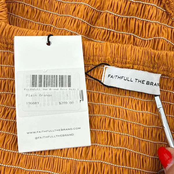 NWT Faithfull The Brand Deva Midi‎ Dress Plain Orange Smocked Cut Out Large - Image 7