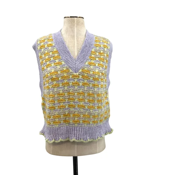 Mango Knit Sweater Vest Scallop Hem Pastel‎ Purple Yellow Size Small - Image 3