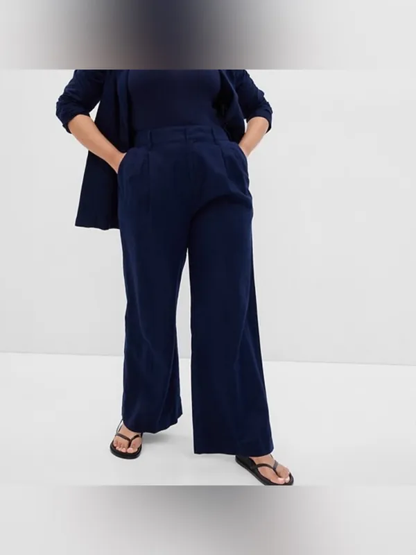 Gap Pleated Linen Blend Pants Trousers Women’s 6 Navy Blue Wide Leg High Rise - Image 2