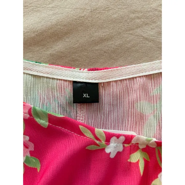 Floral V-Neck Blouse Magenta Pink Rose Print Asymmetrical Hem Top XL - Image 6