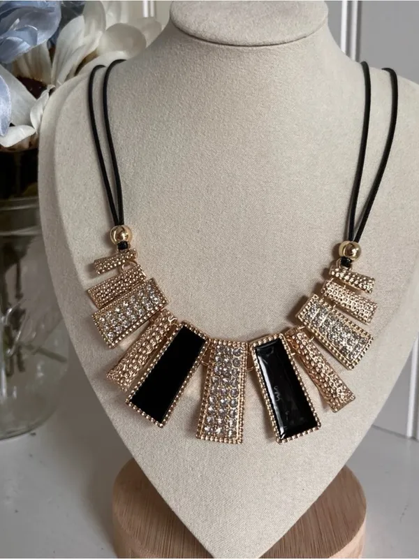 Gold and Black Pavé Bar Necklace - Image 8