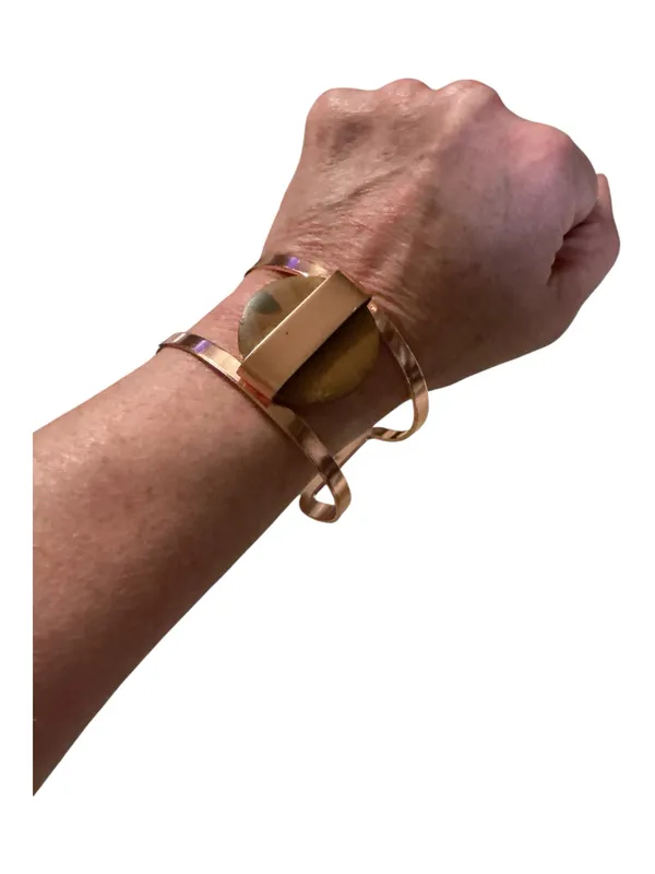 Vintage Boho Rose Gold Tone Open Cuff Bracelet with Round Wood Accent Center - Image 3