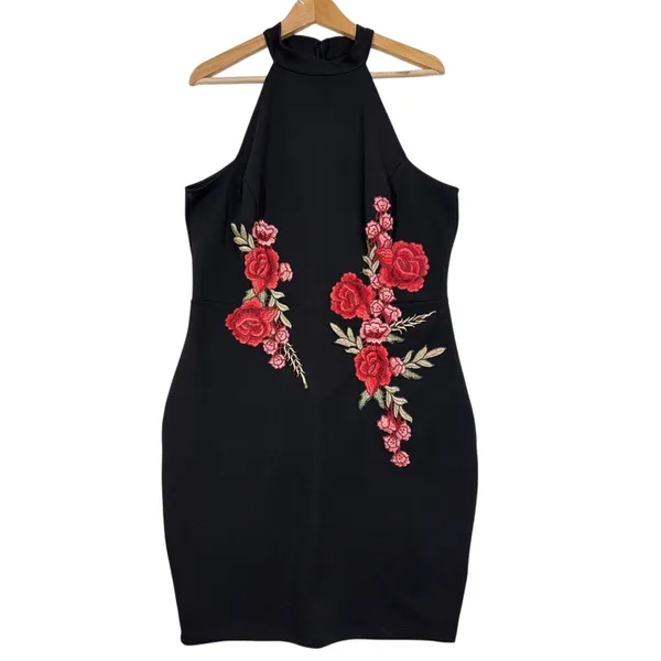 NWT Symphony Plus Dress Black‎ Floral Embroidered Halter Bodycon Cocktail 1XL - Image 2