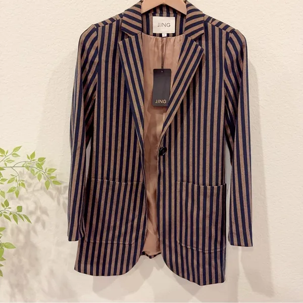J.ING Jing Brown Stripe Long Casual Blazer Suit Jacket Size Small NWT - Image 5