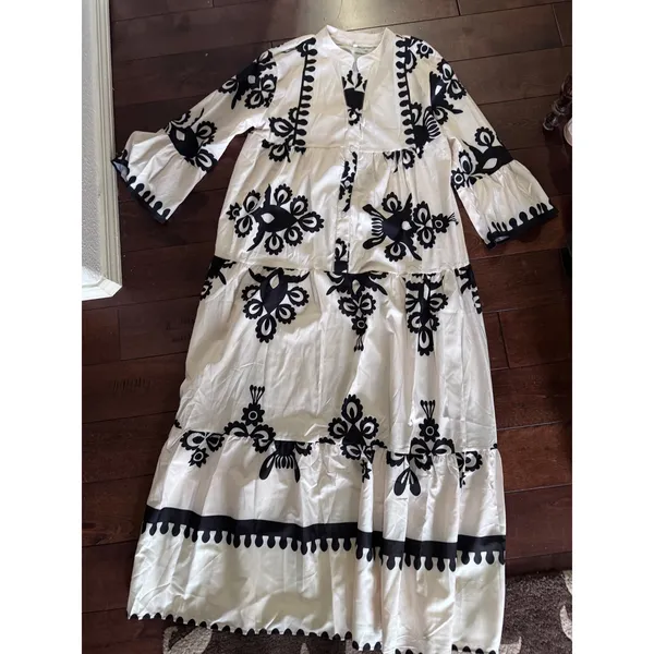 Boho Floral Folk Art Maxi Dress Cream Black Tiered‎ Bell Sleeve Womens Large - Image 2