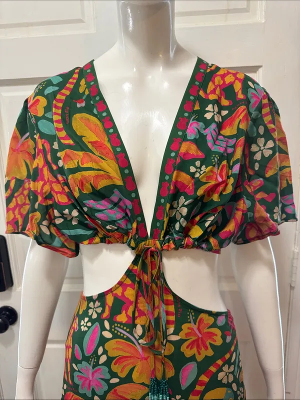 Farm Rio Tropical Cutout Maxi Dress in Green with Pink Orange Floral Print S XL - Image 5
