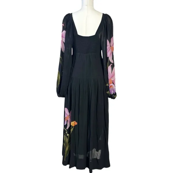 FARM Rio Embroidered Goddess Orchid Floral Long Sleeve Midi Dress Black Small - Image 9