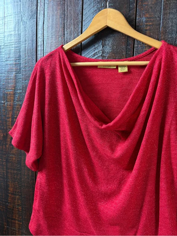 Valerie Stevens Red Sparkle Drape Neck Women's Top XL - Image 3