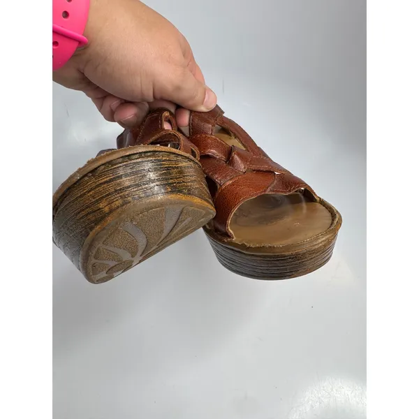 Born Strappy Platform Sandals Womens 8 Brown Good Leather Woven Block Heel - Image 3