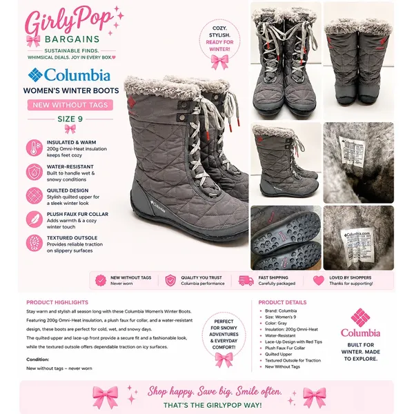 Columbia Womens Winter Boots 9 Gray Omni-Heat Waterproof Quilted Faux Fur BL5051 - Image 2