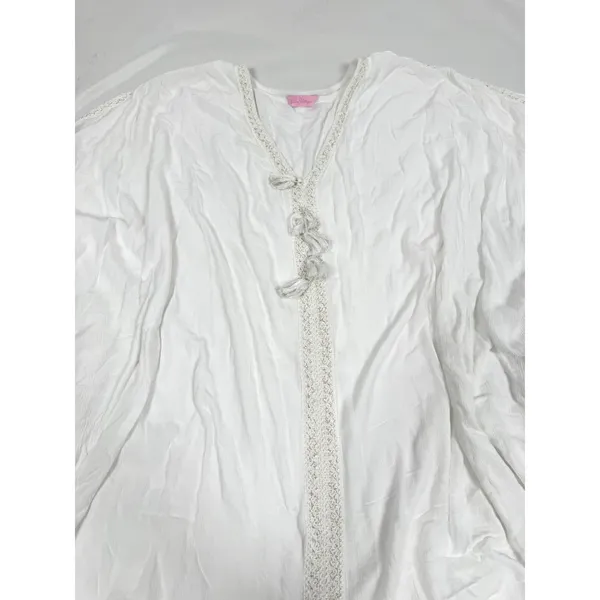 Lilly Pulitzer White Rayon Kaftan Beach Cover Up Gold Lace Tassel One‎ Size - Image 4