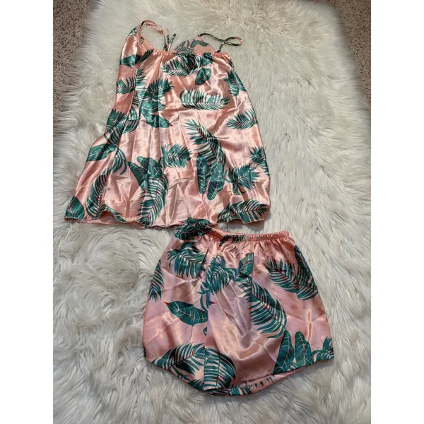 Women's Sz Medium Pajama Set Sleeveless Light Pink Green Palm Print Satin V-Neck - Image 4