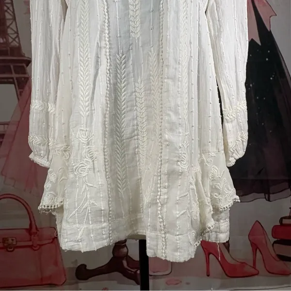 Free People White Embroidered Boho Mini Dress with Long Sleeves - Image 5