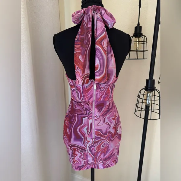 Bardot Pink Tie Dye Mesh Halter Mini Dress XS Y2K Bodycon Ruched - Image 7