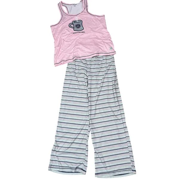 Life is Good Steaming Mug Pajama Set Stripe Pants Tank Womens Medium - Image 2