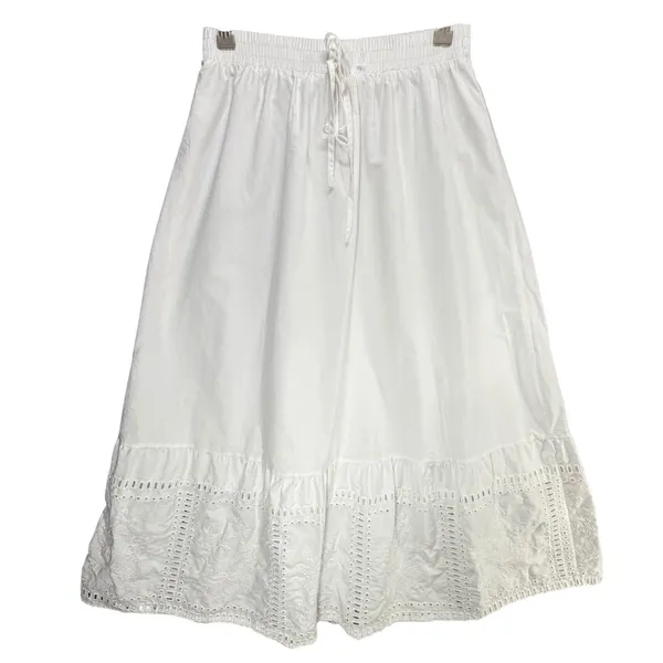 Moon River Eyelet Midi Skirt M White Cotton Floral Embroidery Feminine Boho Chic - Image 2