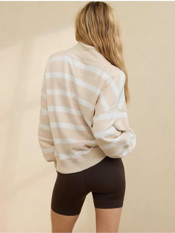 aerie Beige and White Striped Quarter-Zip Sweater - Image 2