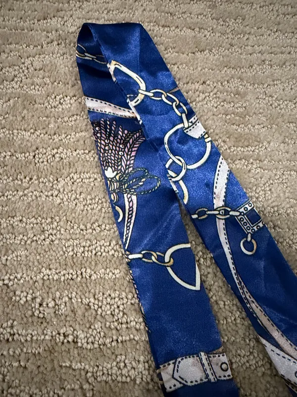 Blue Satin Silk Twilly Scarf With Chain and Belt Print Hair Ribbon Bag Accessory - Image 4