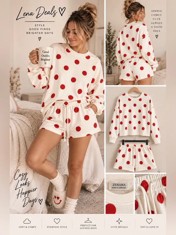 Polka Dot 2 Piece Set – Zenana Fleece Pullover & Shorts - Image 2