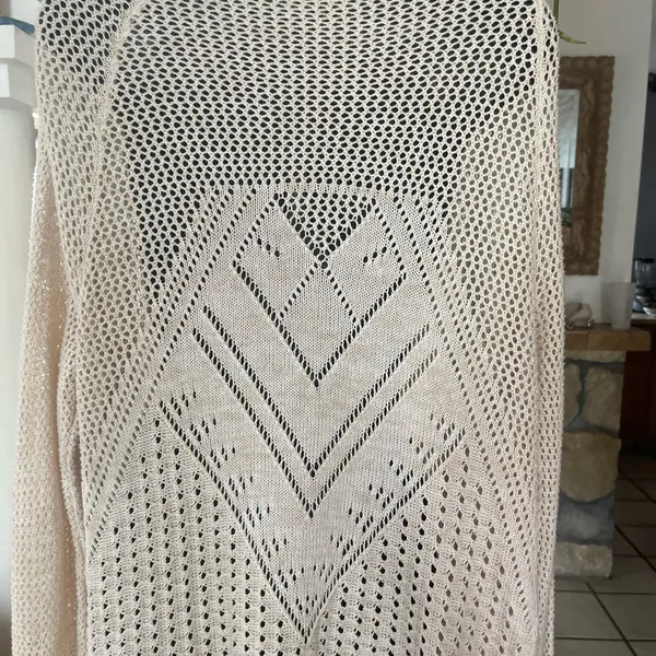 Roxy Long Open Front Cardigan - beige- Long Sleeve - Open Knit - Size M - Image 7