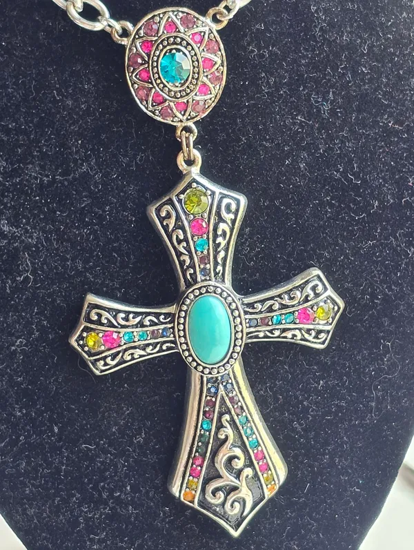 Turquoise Garnet Cross Necklace 16” - Image 2