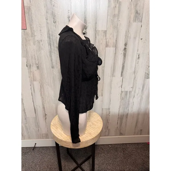 No Boundaries Black Ruffle Cardigan Top Womens Medium 8-10 Tie Front Long Sleeve - Image 6