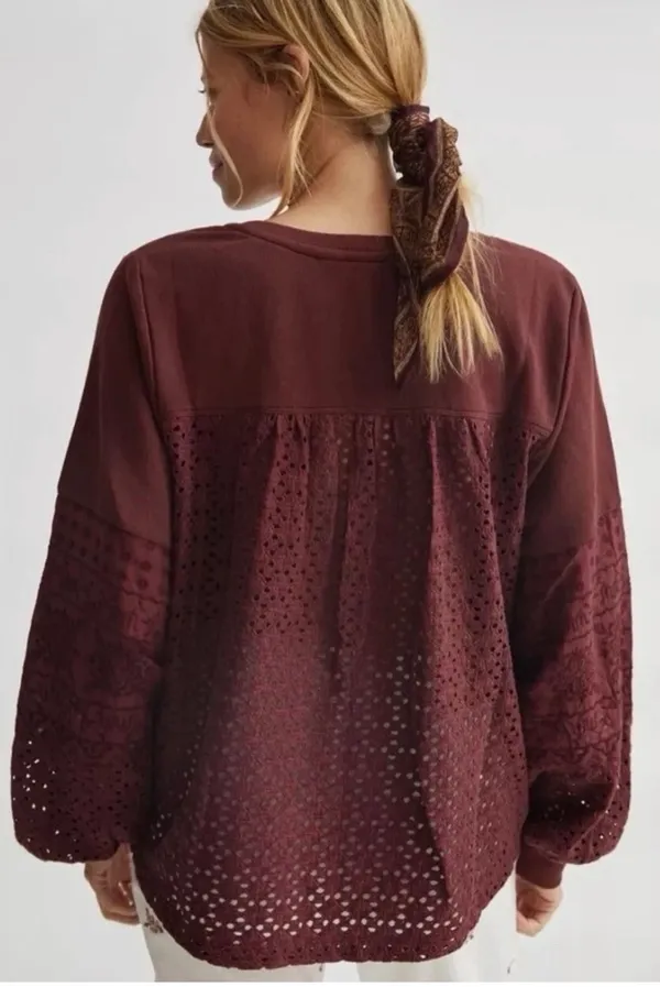 Anthropologie Plum Eyelet Yoke V Neck Pullover Sweatshirt Women's Size L Cotton - Image 2