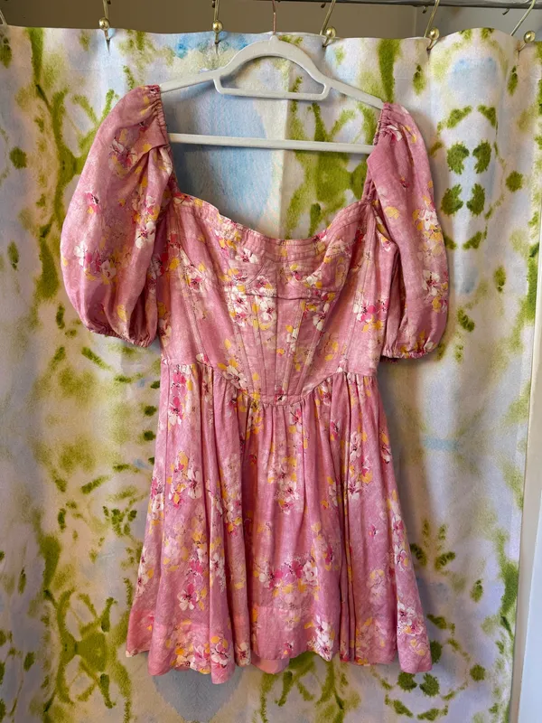 Bardot Mini Dress Pink Floral puff sleeve size medium - Image 2