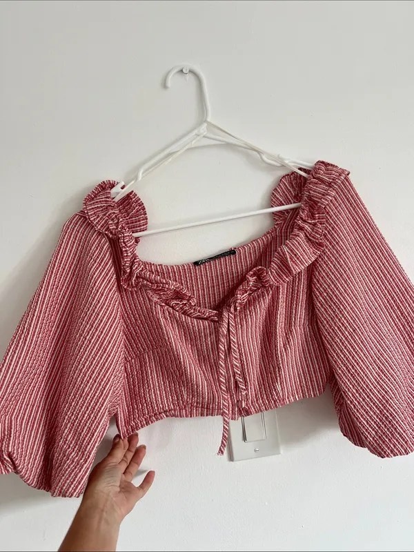 Zara Pink and White Striped Ruffle Crop Blouse - Image 2
