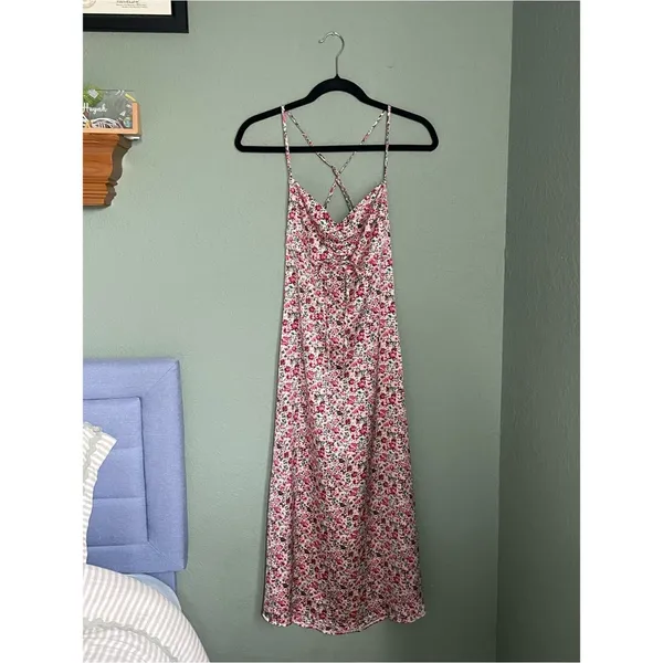 Kittenish Sweetheart Slip Cinched Midi Slide Slit Dress Ditsy Floral Size XS - Image 2