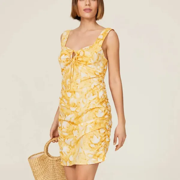 Louna Yellow Floral Ruched Mini Slip Dress XS Cotton Vacation Designer $200 - Image 2