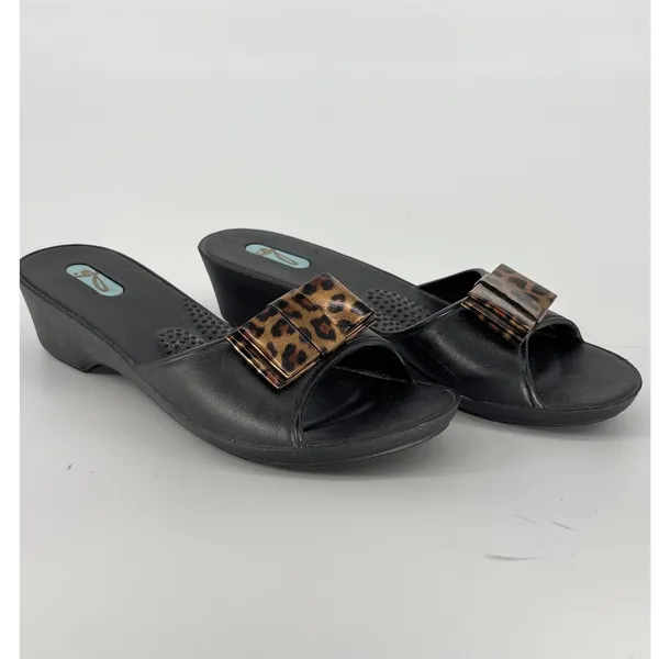 Oka-B Leopard‎ Bow Wedge Sandals Womens 6 Black Slides Shoes Made in USA - Image 2