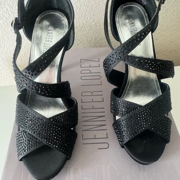 Jennifer Lopez Black Strappy Crystal Accent Heels - Image 8
