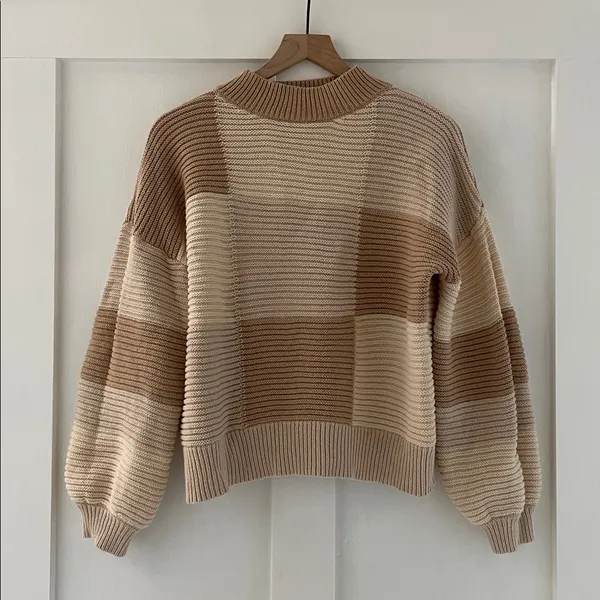 PEPPERMAYO Tulum Nights Neutral Patchwork Knit Checkered Jumper Sweater Size S - Image 3