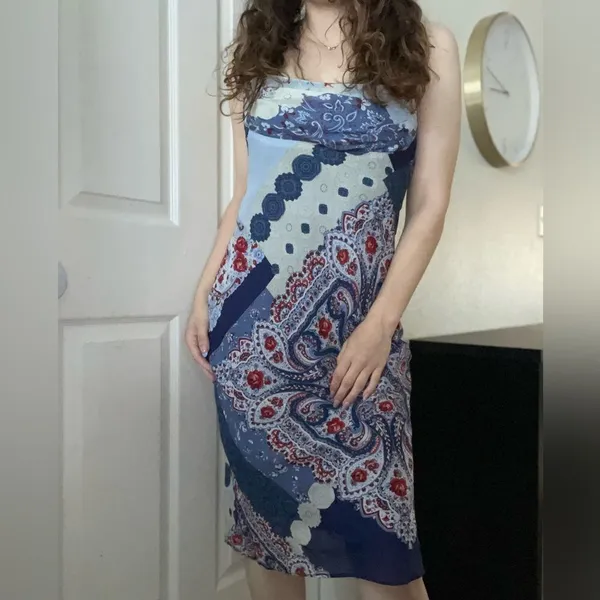 Vintage Y2K Rampage Bandana Floral Patchwork Midi Chiffon Dress Bias Cut Size‎ 4 - Image 3