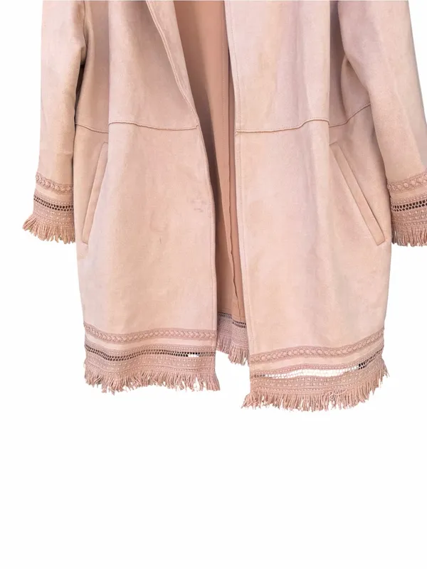 Zara Faux Suede Fringe Jacket Women M Blush Pink Open Front Boho Festival - Image 4