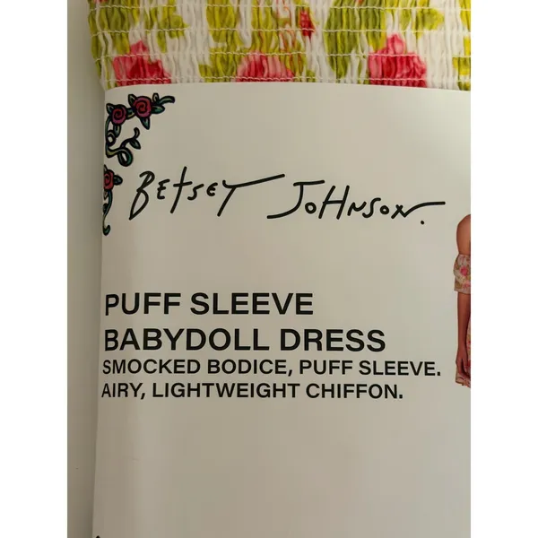 Betsey Johnson Babydoll Dress Sz L Floral Smocked‎ Pheasant Puff Sleeves Mini - Image 2