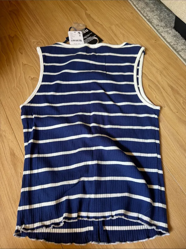 Free People Navy and White Striped Button Ribbed Tank - Image 3